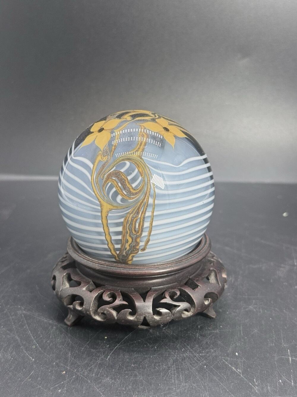 Vintage Art Glass Paperweight Blue White Swirl Gold Floral Carved Wood Stand